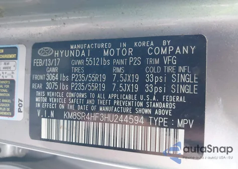 2017 Hyundai Santa Fe Limited Ultimate from USA, damaged, VIN KM8SR4HF3HU244594